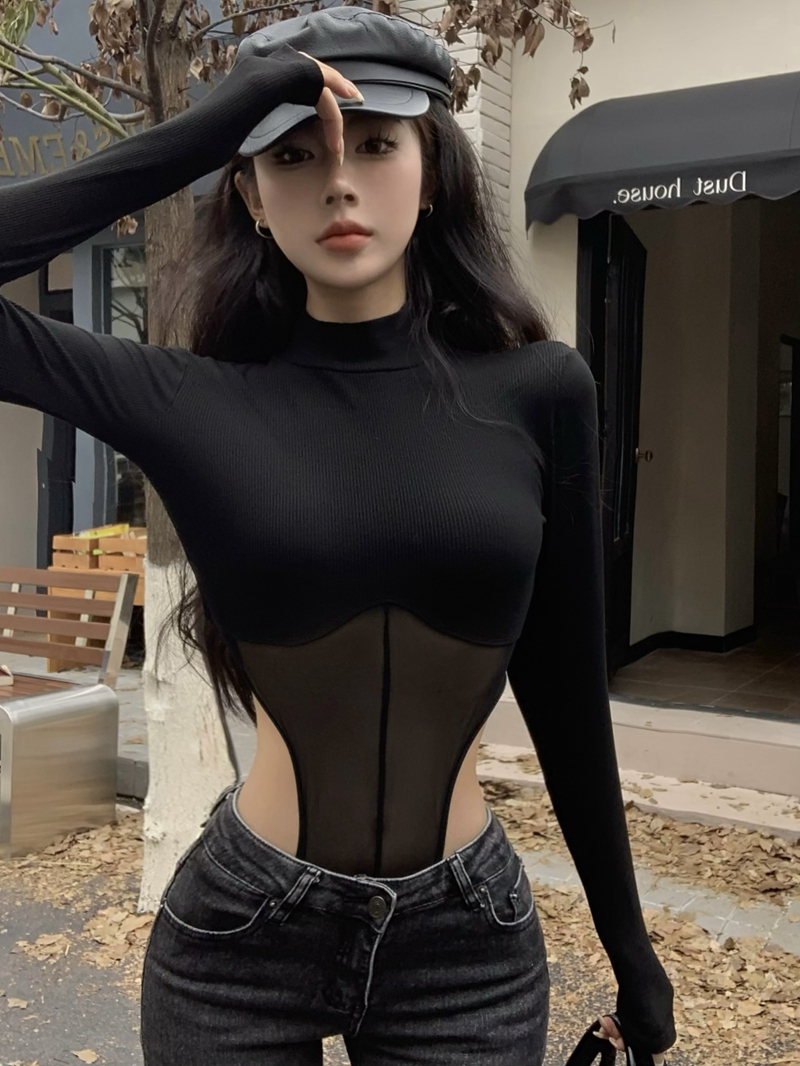實拍辣妹性感網紗拼接連體衣女歐美純欲薄紗上衣內搭打底T恤