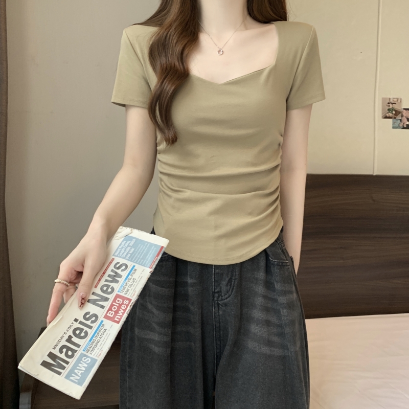實拍  40支純棉 2024夏裝褶皺修身桃心領短袖T恤女鎖骨