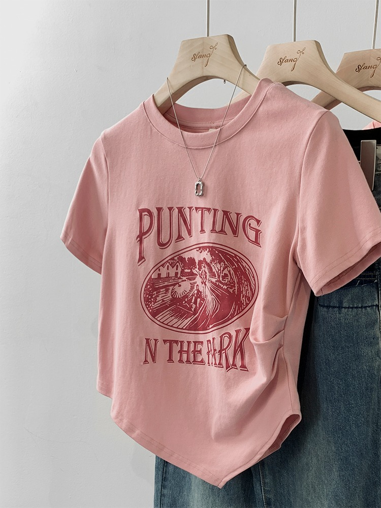 Printed 40 count 92 cotton 8 spandex back collar 200 pounds large size irregular design T-shirt for women