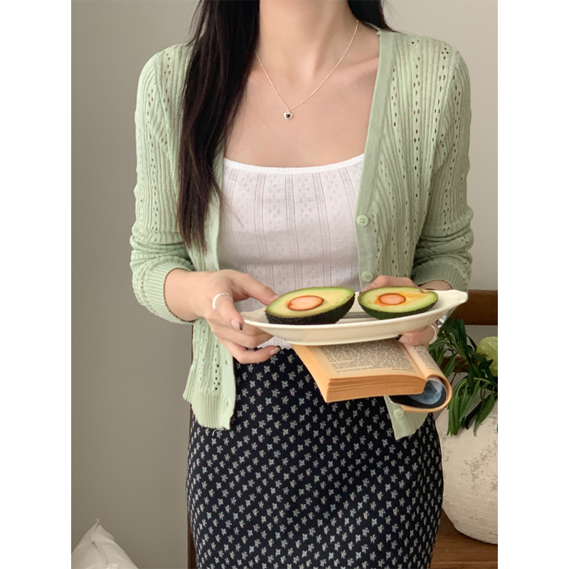 Actual shot of spring new women's solid color niche hollow knitted cardigan 2024 thin long-sleeved coat for women