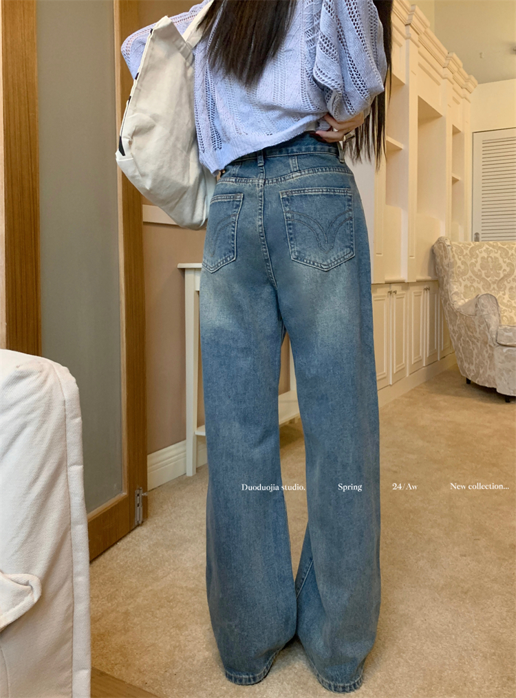 實拍 ~美式復古直筒牛仔褲女高腰顯瘦寬鬆闊腿拖地長褲