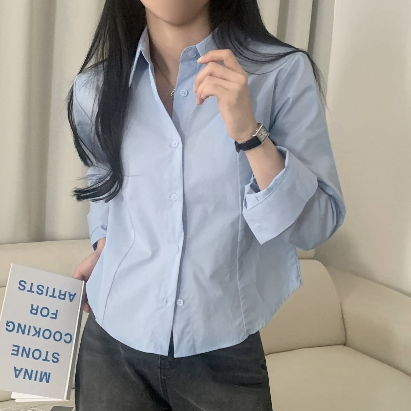 韓國chic早春 基礎款 氣質顯瘦長袖襯衣女白色襯衣