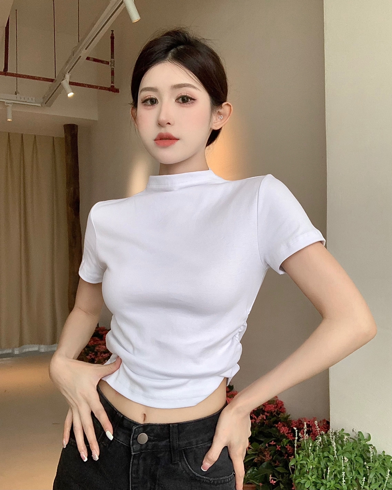 實拍夏季新款辣妹風半高領正肩短袖彈力修身抽褶純色短款TEE