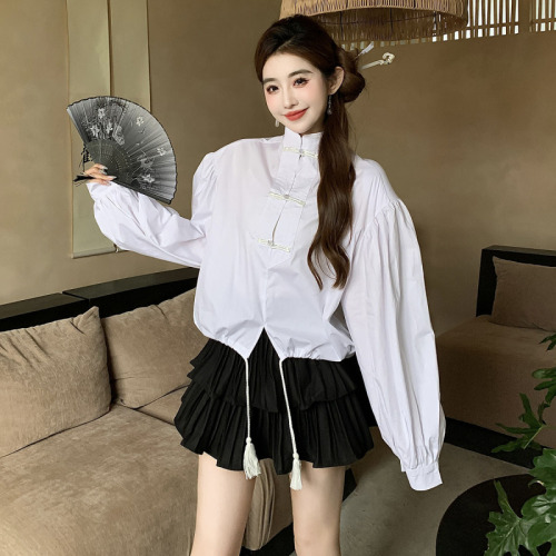 实拍中国风衬衫女设计感小众衬衣新中式上衣+百褶半身裙套装