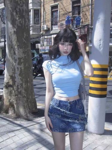 韩版蛮腰收腰设计感短袖T恤女半高领内搭上衣
