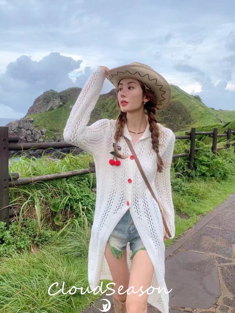 CloudSeason櫻桃針織長開衫寬鬆長款翻領長袖外套女2024春季新款