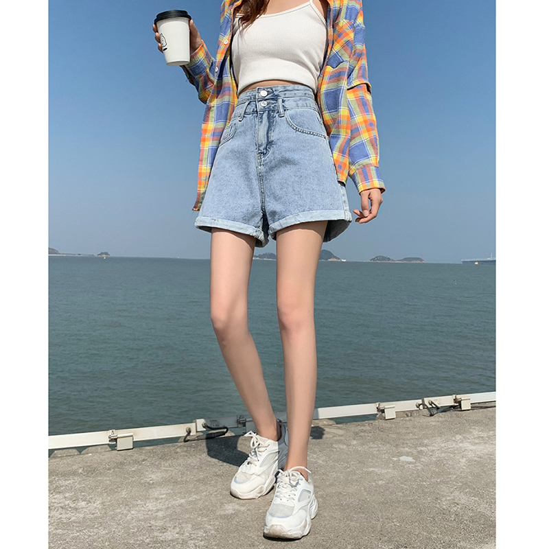 休閒雙扣牛仔短褲女春夏新款高腰闊腿寬鬆百搭顯瘦卷邊a字熱褲潮