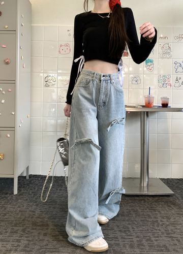 Actual shot of 2024 spring and summer new style bow wide-leg jeans, high-waist slimming straight floor-length trousers