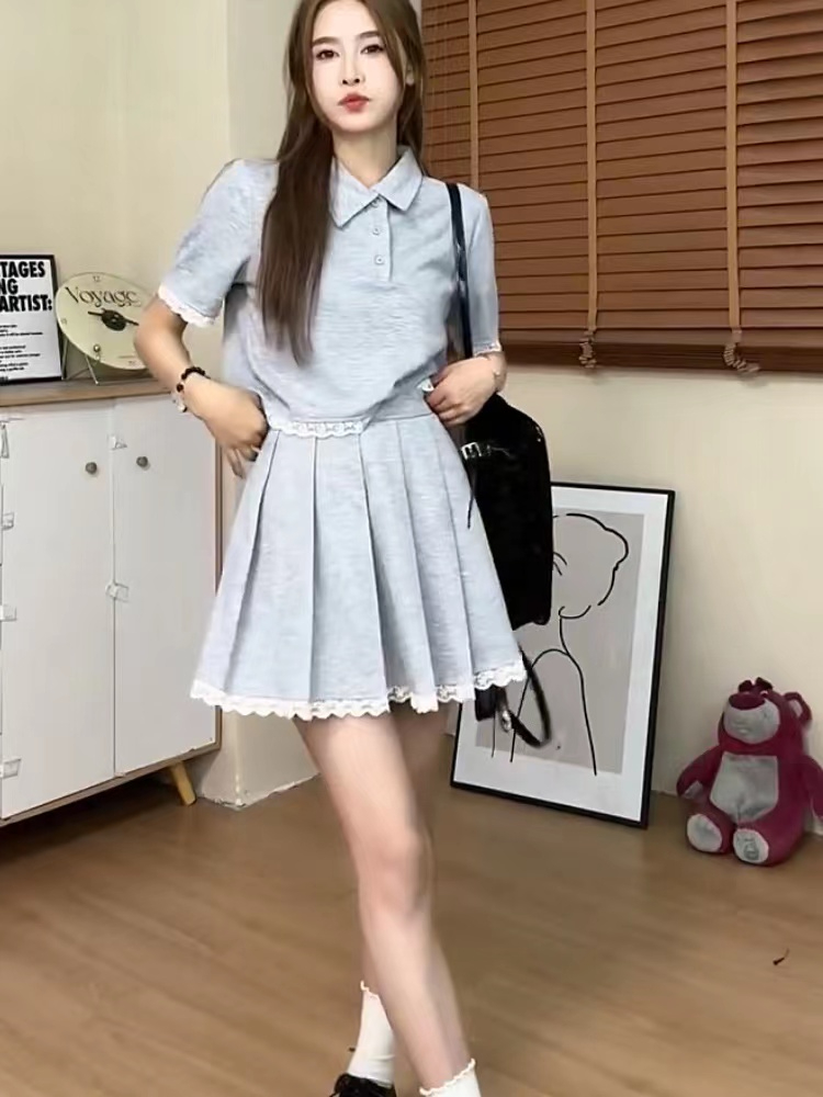 學院風夏季新款休閒顯瘦灰色上衣+高腰百褶半身短裙俏皮兩件套裝