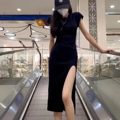 休閒開叉短袖連衣裙女夏修身顯瘦御姐輕熟風氣質針織中長裙