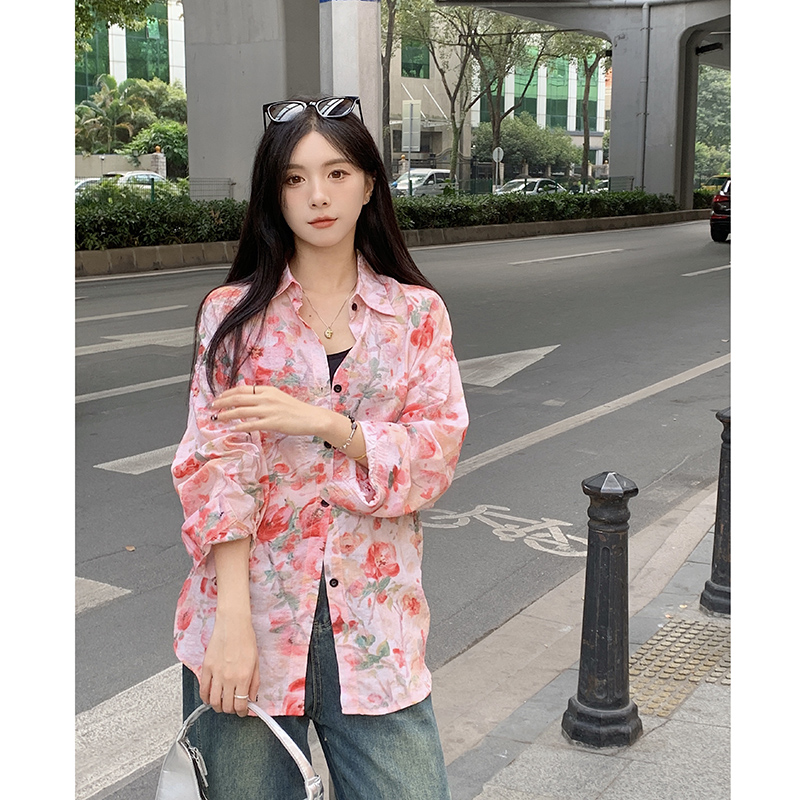 實拍  港味復古花襯衫女新款上衣寬鬆中長款襯衣外套
