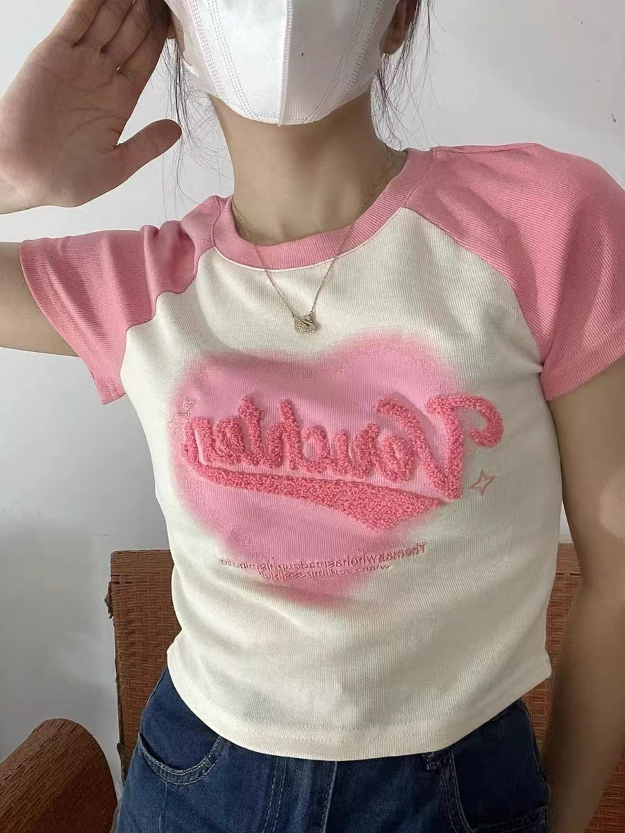 純棉210克精梳緊密後包領印花刺繡設計暈染T恤女