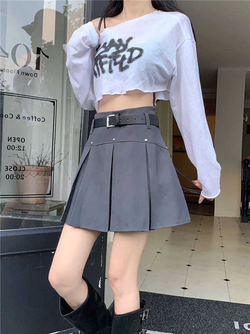 實拍2024春季新款高腰百褶半身裙女灰色西裝裙A字短裙