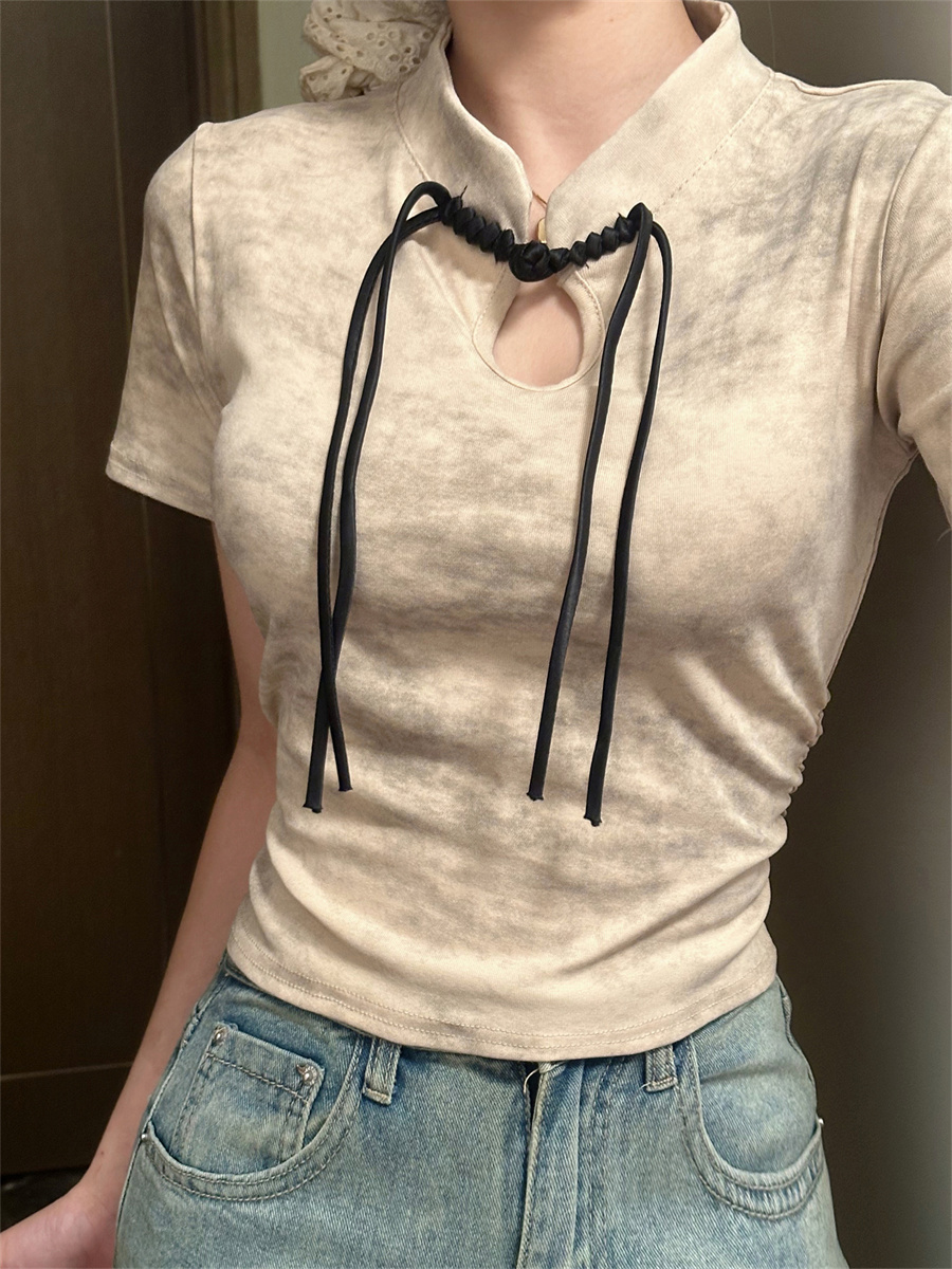 實拍新中式復古國風盤扣暈染短袖T恤女鏤空修身上衣女