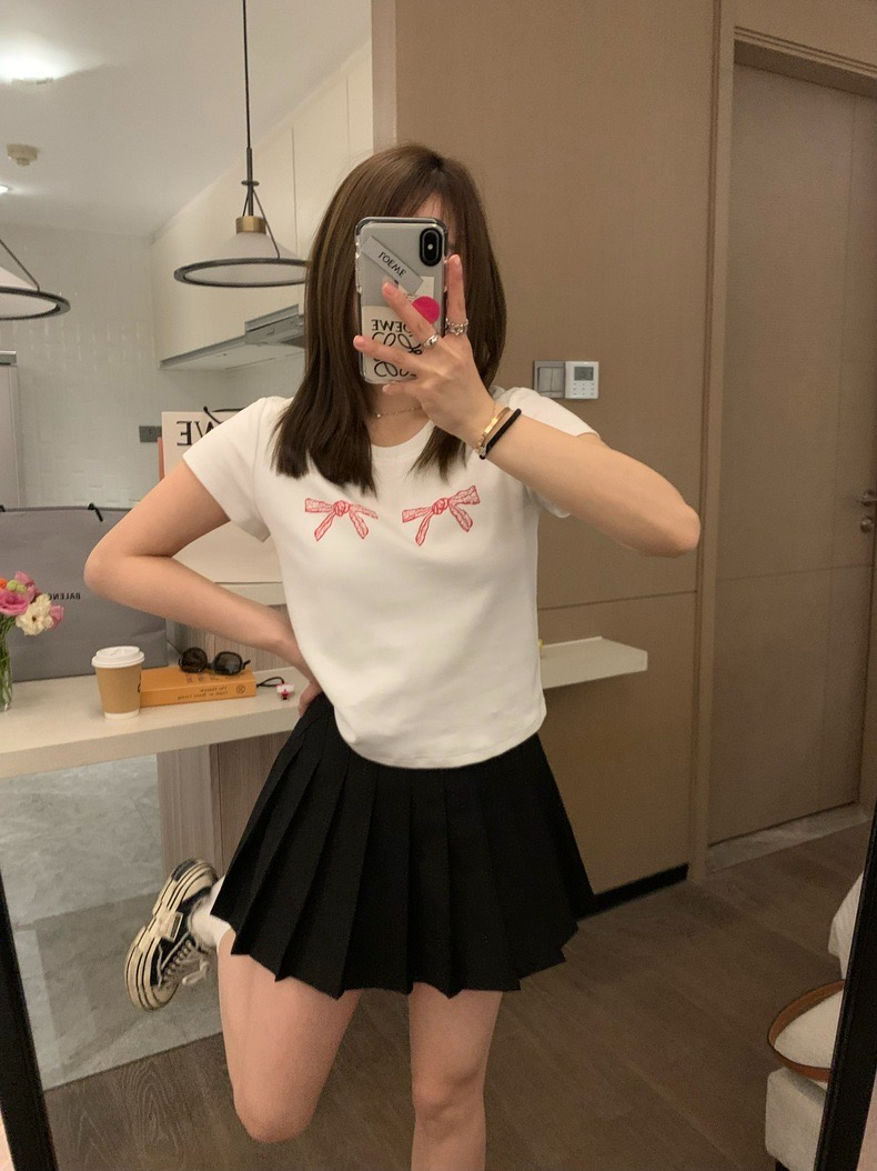 少女的心事 韓系設計感蝴蝶結印花短袖T恤百搭顯瘦打底上衣