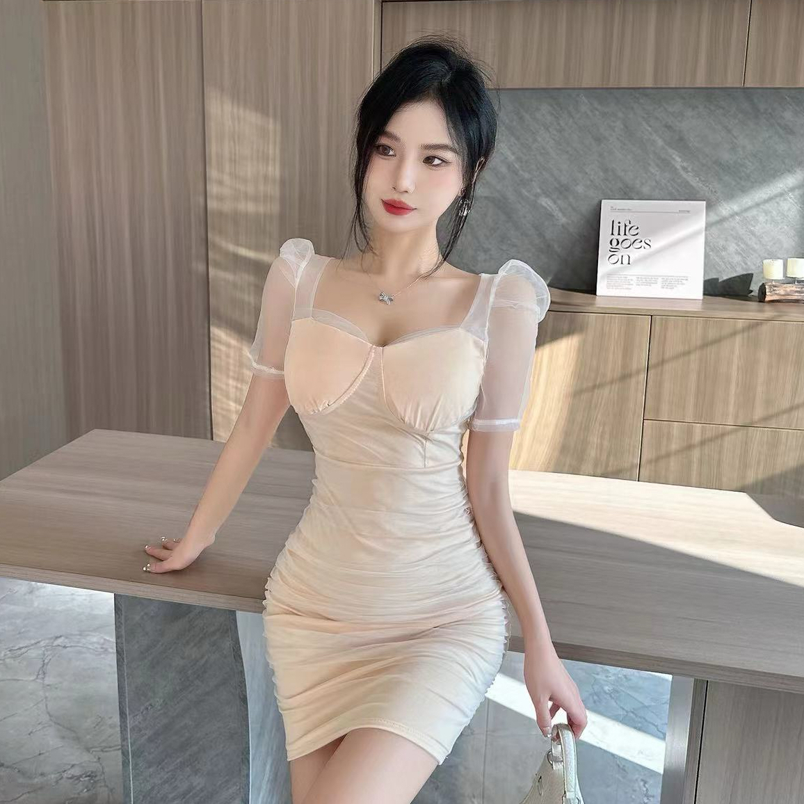實拍辣妹性感純欲風網紗褶皺顯身材短袖包臀打底連衣裙