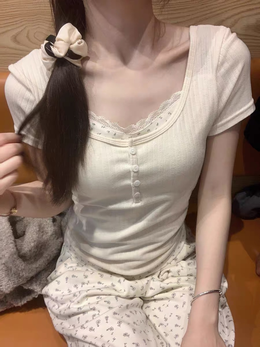 原版面料韓系溫柔風純欲蕾絲碎花短袖t恤女