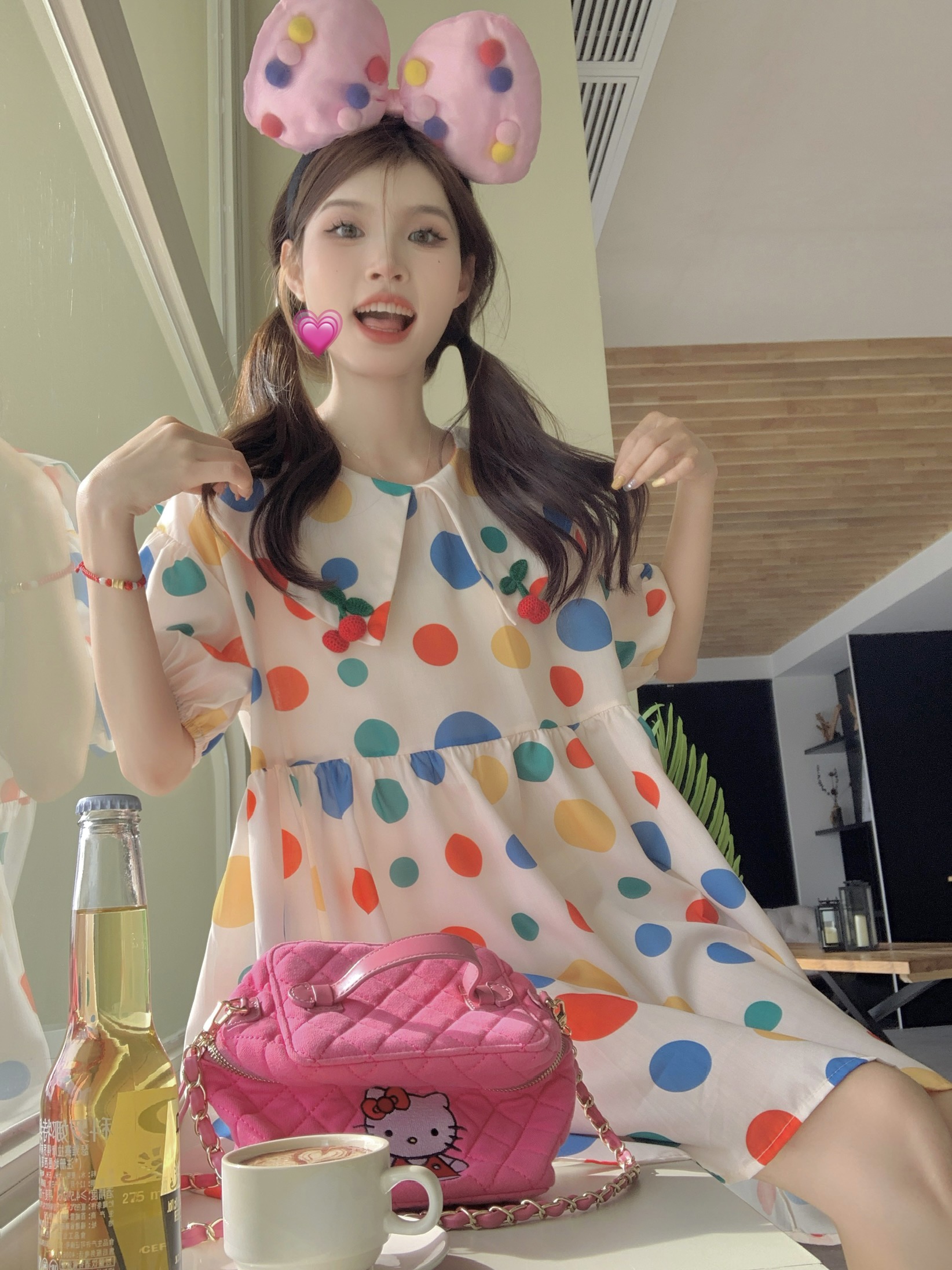 實拍  韓系甜美減齡可愛彩色波點立體櫻桃寬鬆娃娃領連衣裙
