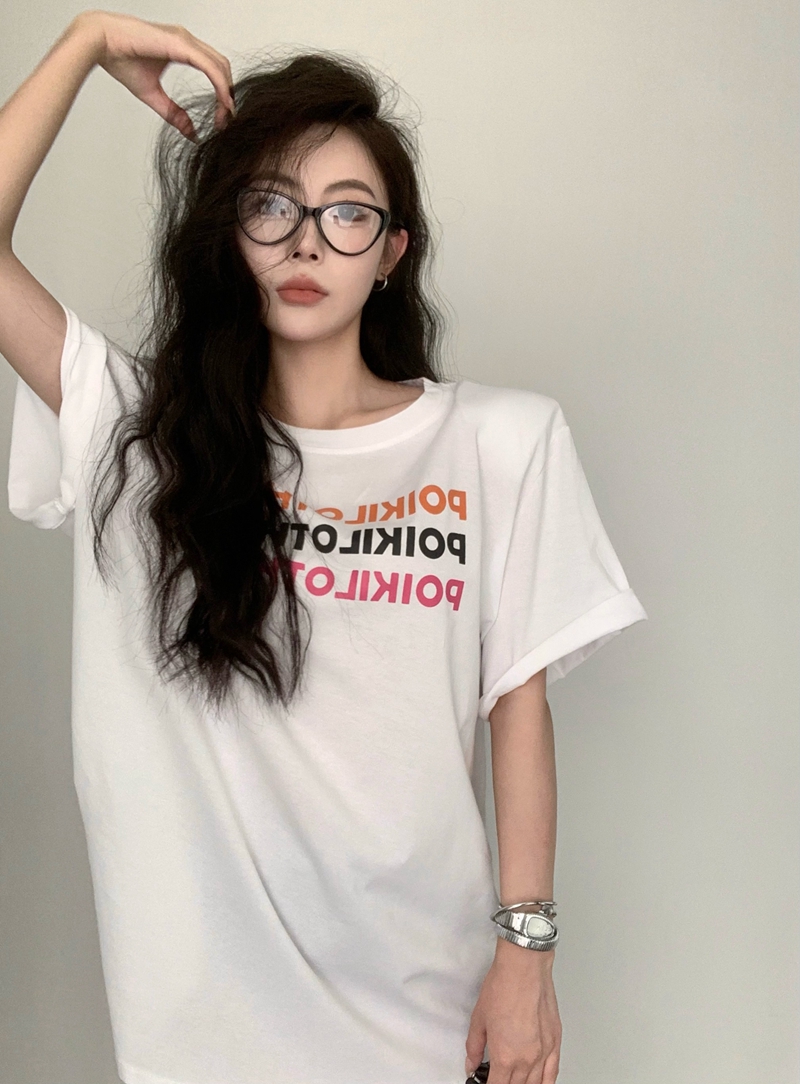 實拍夏季辣妹風彩色字母印花寬鬆中款款墊肩短袖T恤闊版上衣潮