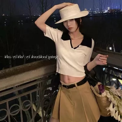 Contrast color polo collar short-sleeved sweater women's summer new French slim fit foreign style short chic top