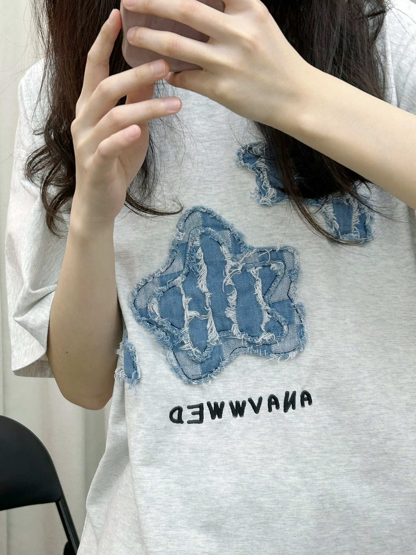 純棉210克精梳緊密後包領240斤大碼牛仔刺繡T恤女
