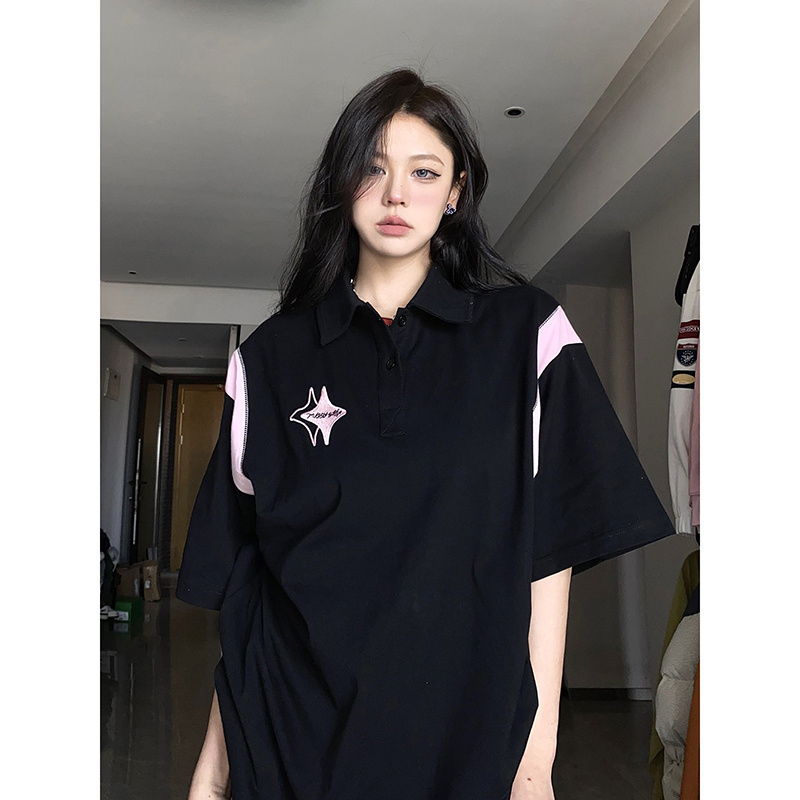 刺繡純棉210克精梳緊密後包領240斤大碼POLO拼色T恤女