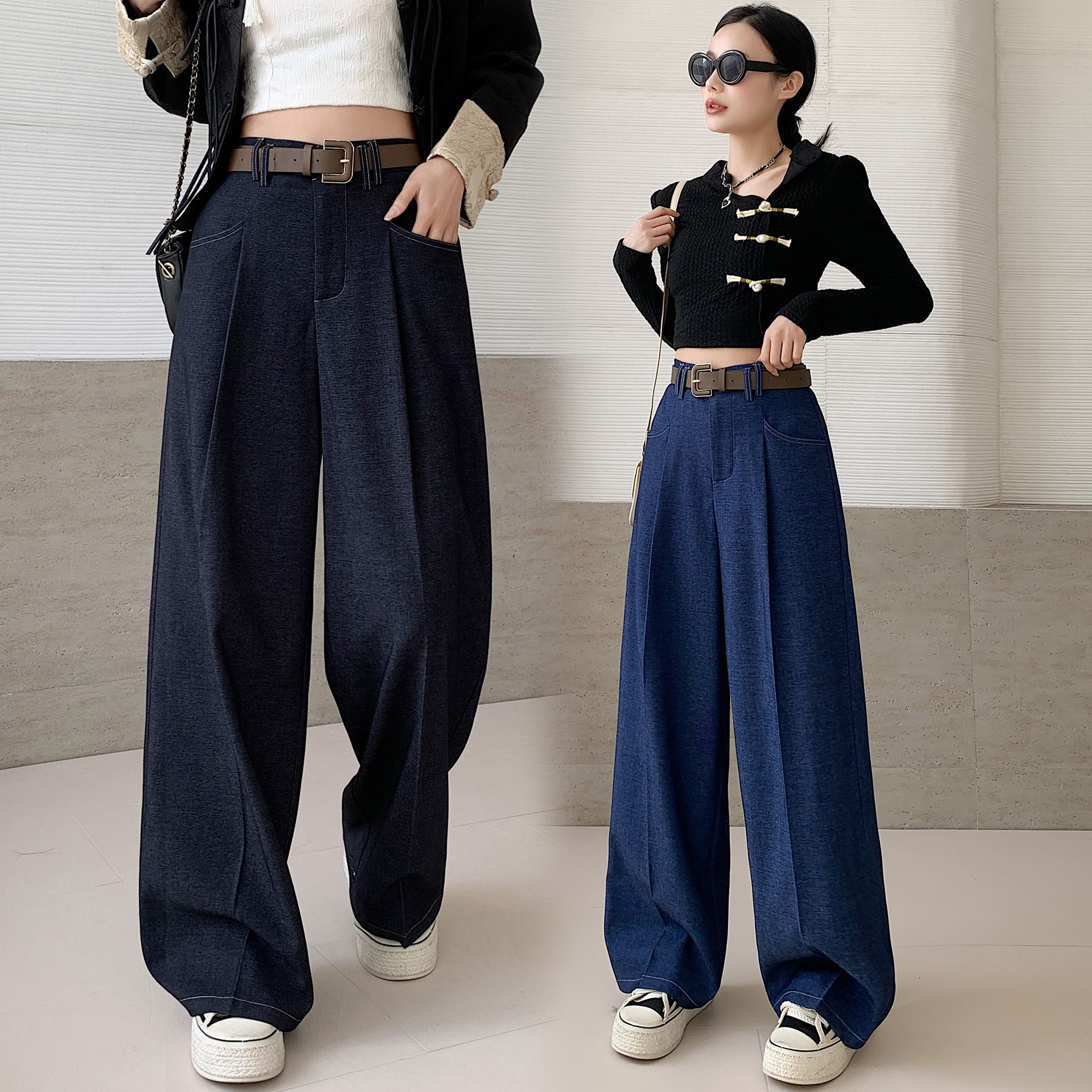 Blue pleated denim wide-leg pants spring and summer new loose straight pants drapey casual pants