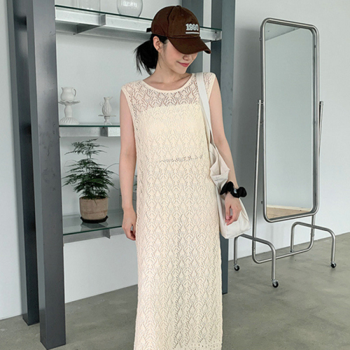韩国chic夏季复古气质圆领蕾丝镂空设计后开叉无袖针织背心连衣裙