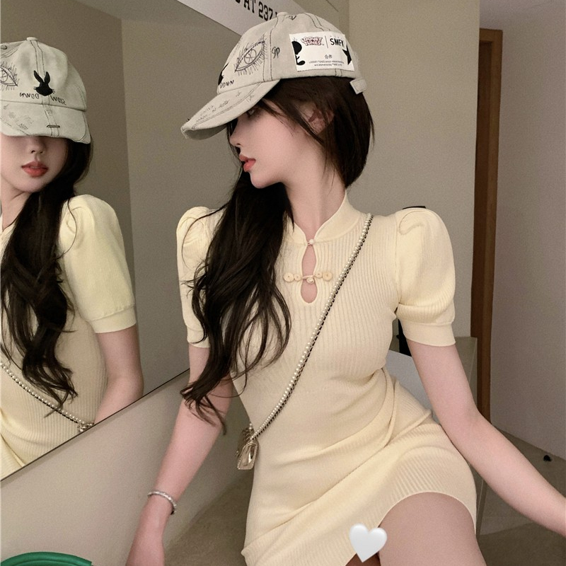 新中式國風改良旗袍性感緊身包臀裙連衣裙針織短裙子女