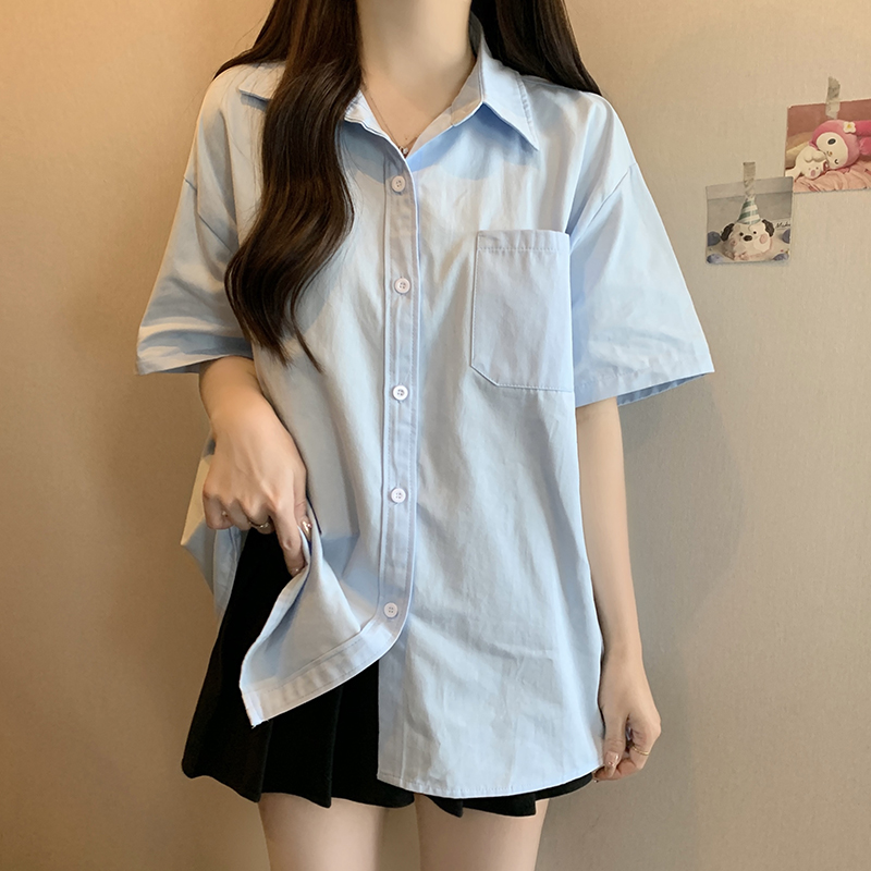 實拍  純色翻領短袖襯衫女春季新款韓版女寬鬆開衫上衣