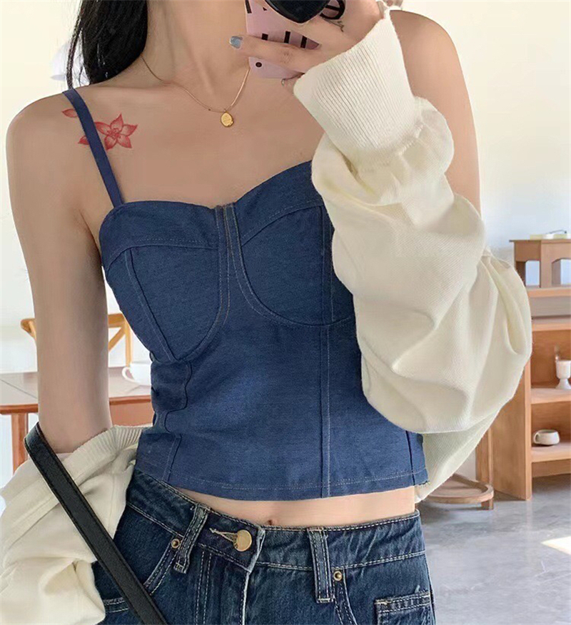 牛仔吊帶帶胸墊背心女修身新款性感氣質打底裹胸抹胸美背無袖上衣