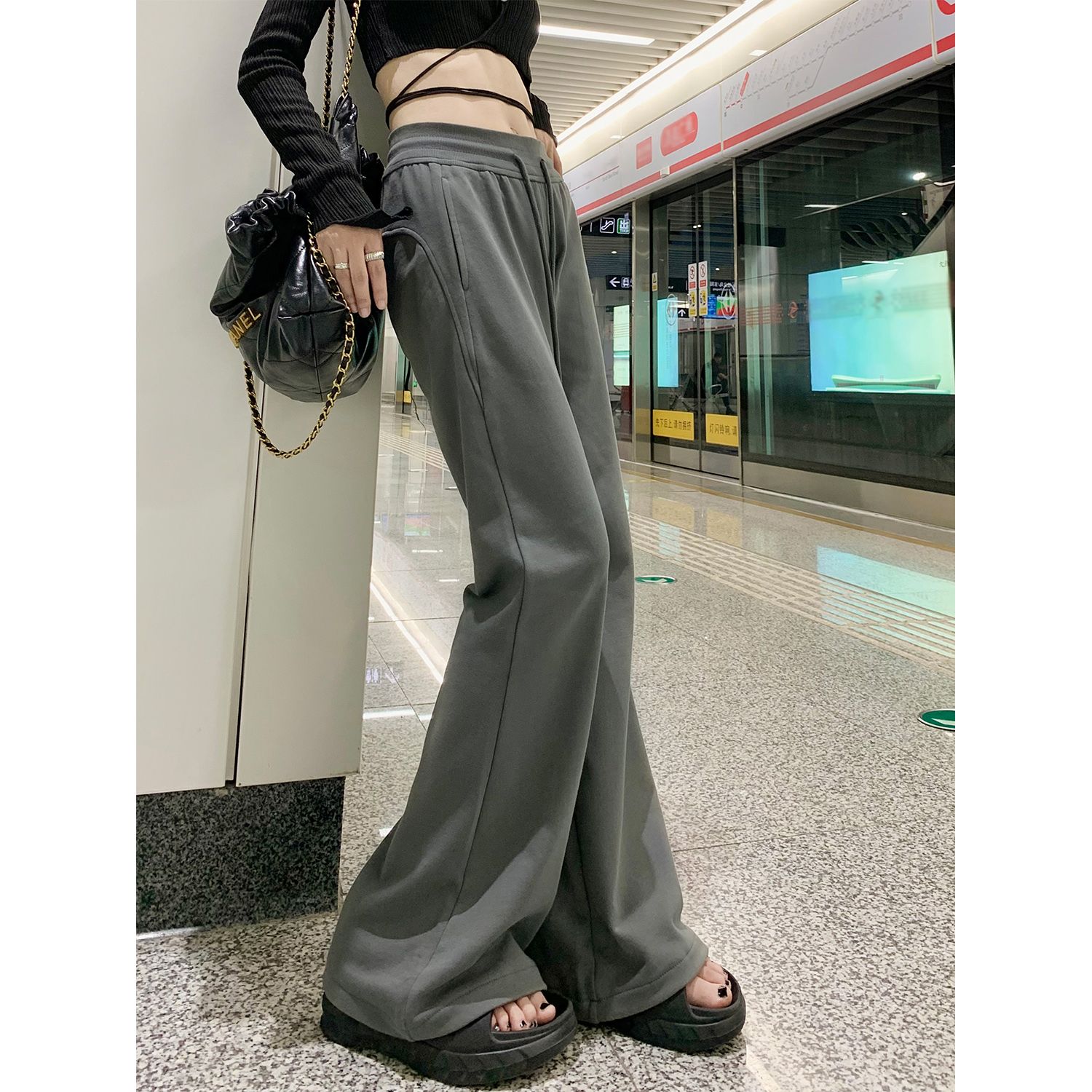 灰色闊腿褲2024春秋季新款微喇叭褲女高腰垂感運動褲休閒褲子