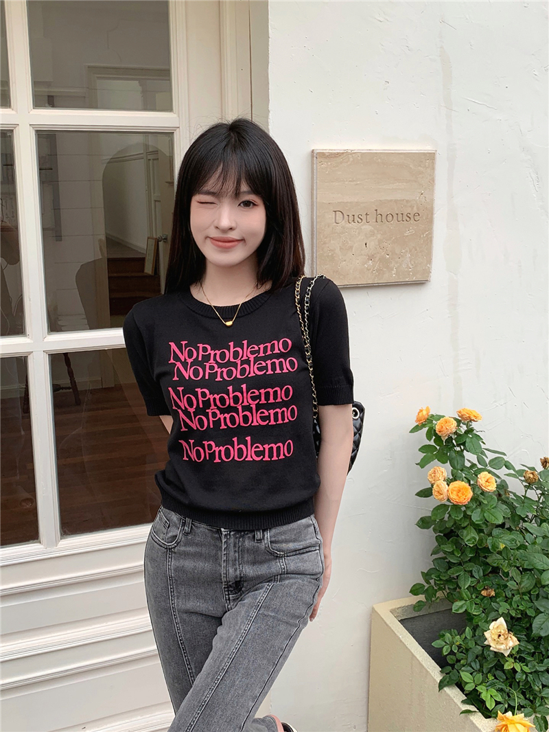 Real shot letter printed round neck short-sleeved T-shirt for women summer new loose slim short sweater top