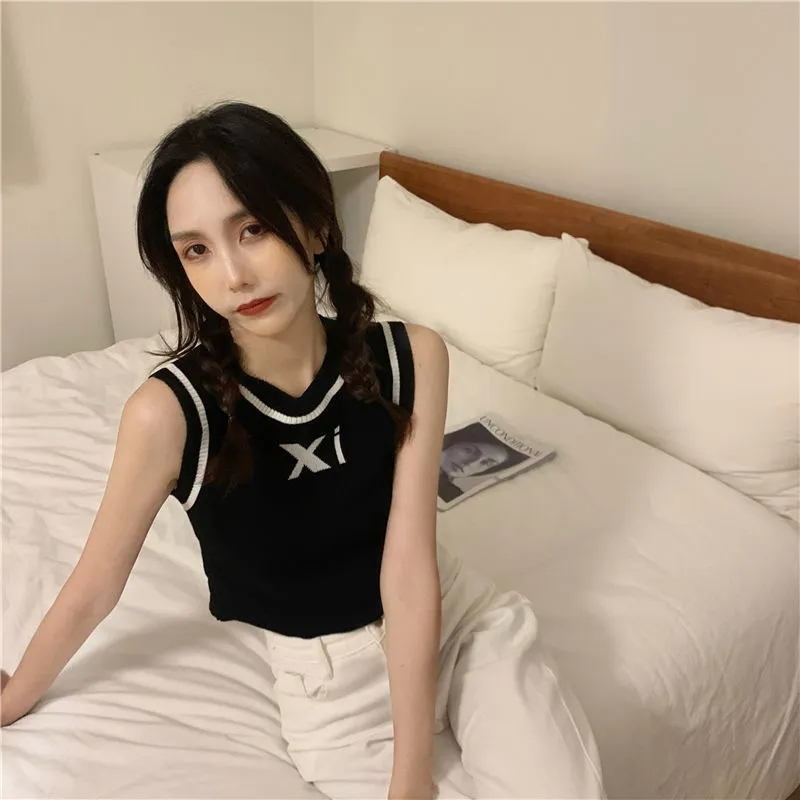 新款撞色針織吊帶背心女夏季修身顯瘦內搭外穿短款無袖上衣