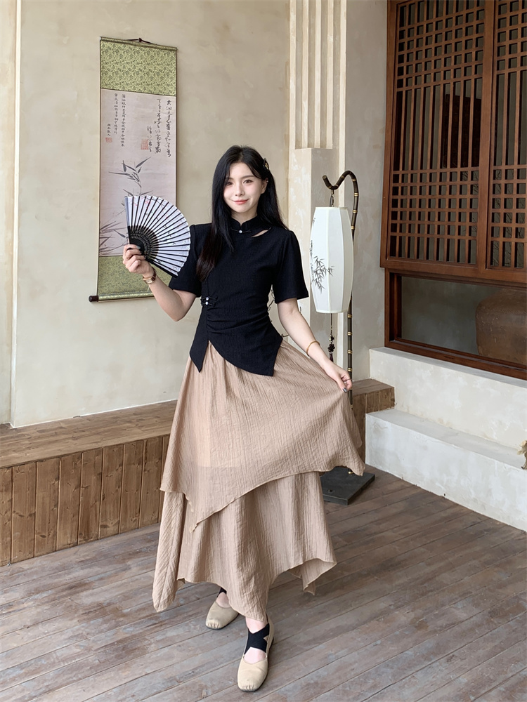 Real shot of Chinese-style design irregular hollow short-sleeved top high-waisted skirt women's summer two-piece set