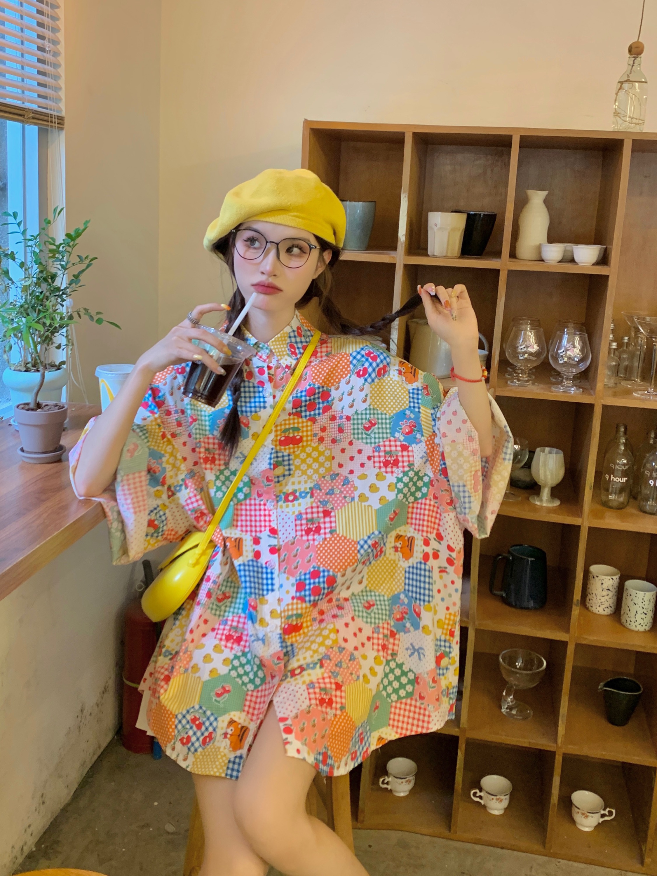 實拍  秋夏農莊！韓系甜美減齡花色印花寬鬆大襯衫