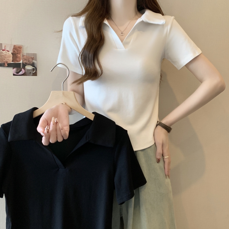 實拍  40支純棉 2024夏裝polo領短袖T恤女純色上衣