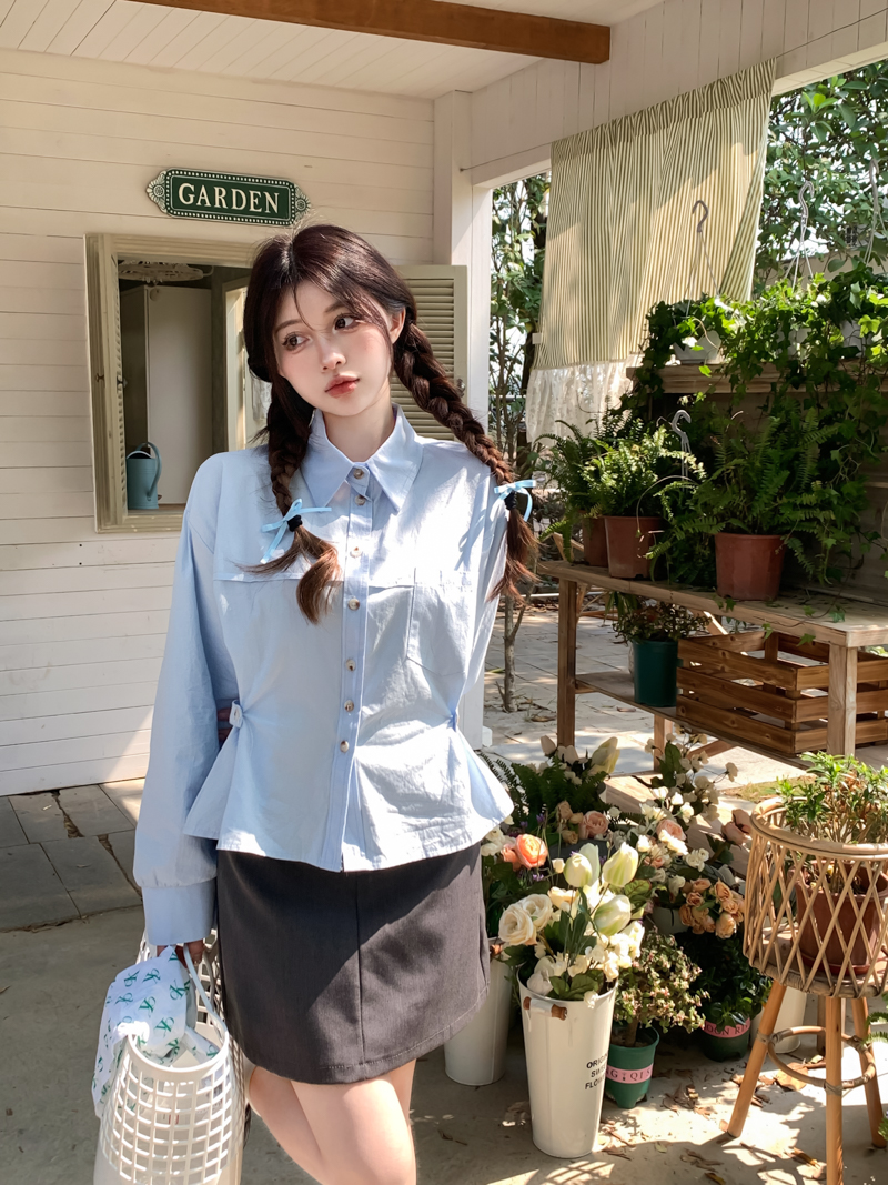 實拍 法式長袖襯衫女2024春季襯衣設計感小眾收腰短款上衣