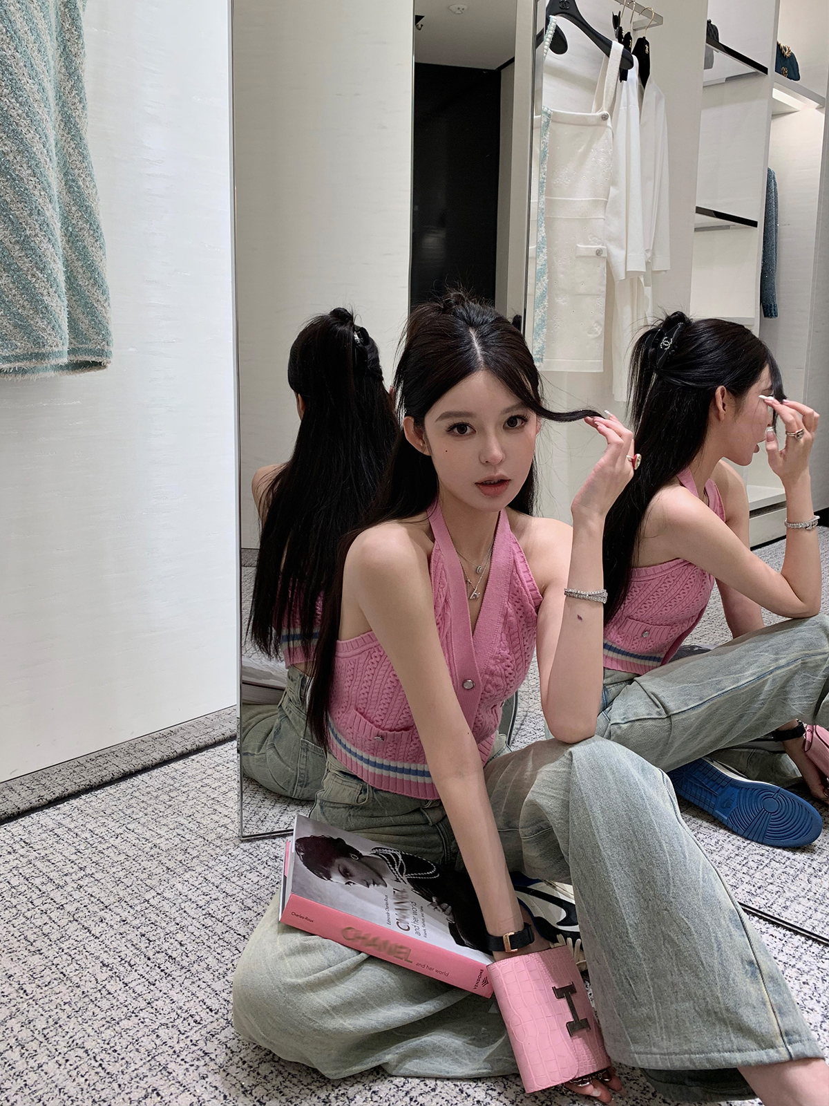 早安樊樊 撞色掛脖針織吊帶背心女夏季外穿性感辣妹顯瘦純欲上衣