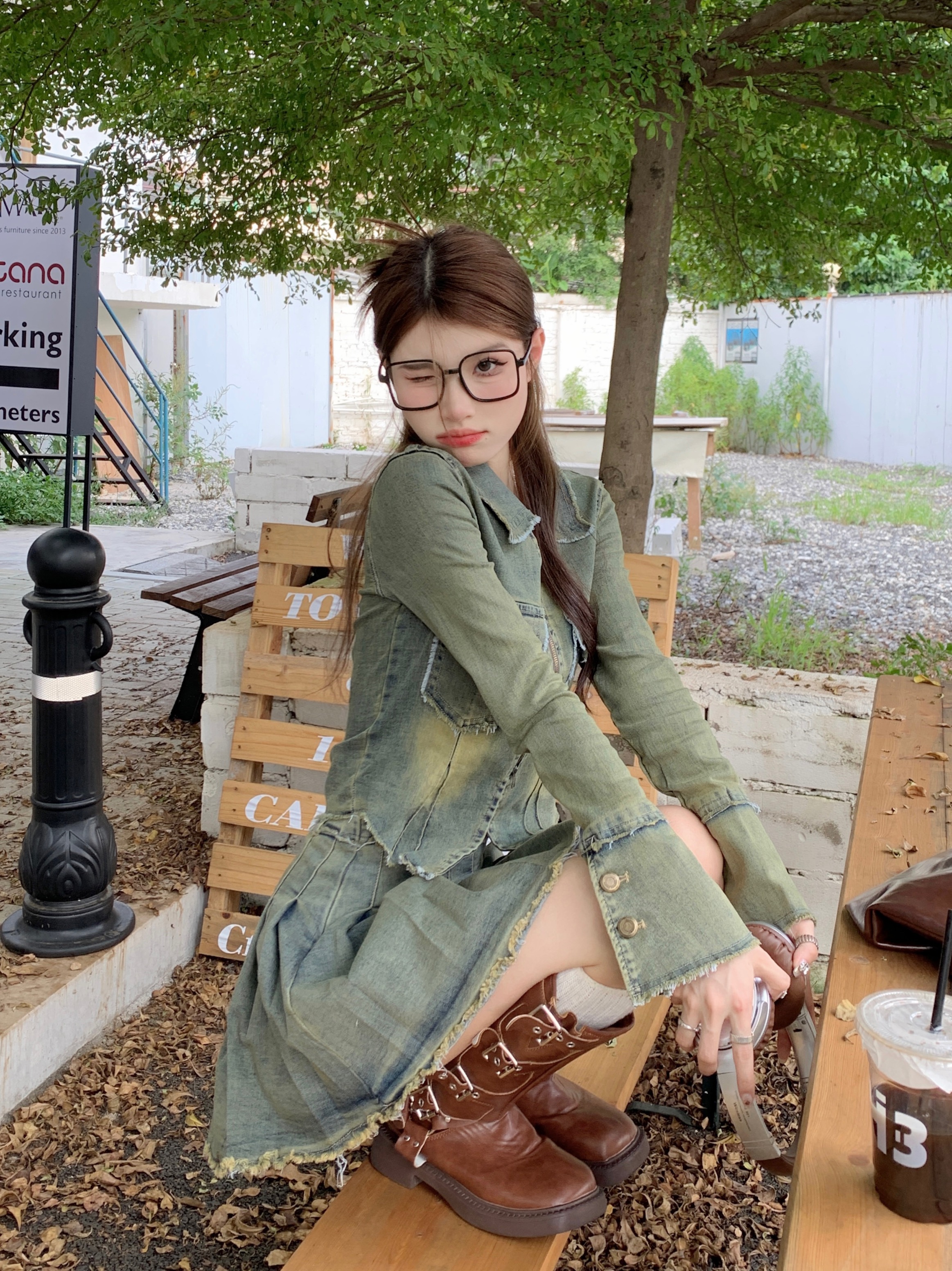 實拍  復古牛仔辣妹套裝女設計感磨毛水洗百褶裙兩件套