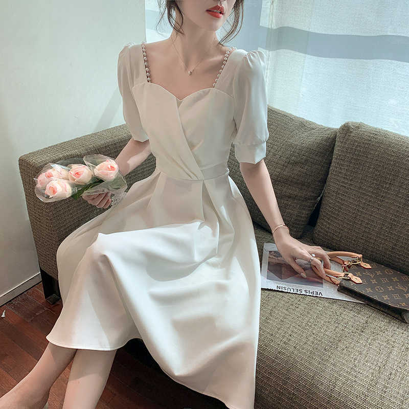 實拍領證白色晚禮服女小個子宴會氣質洋裝登記連衣裙年會平時可穿