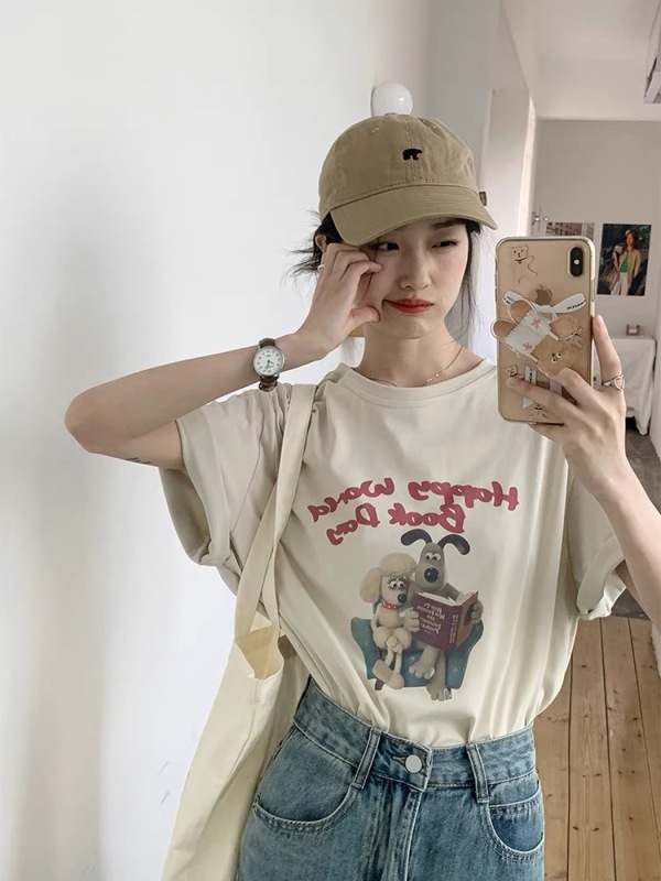 陸小團團寬鬆卡通短袖T恤2024春季新款韓系小個子顯瘦內搭上衣女