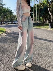 實拍#腮紅牛仔長褲女高腰設計感直筒寬鬆顯瘦闊腳拖地褲子