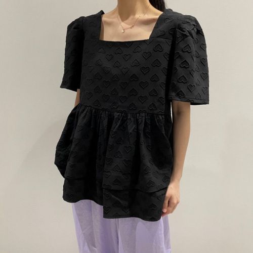 Korean chic spring and summer square collar love puff short-sleeved shirt women's tops
