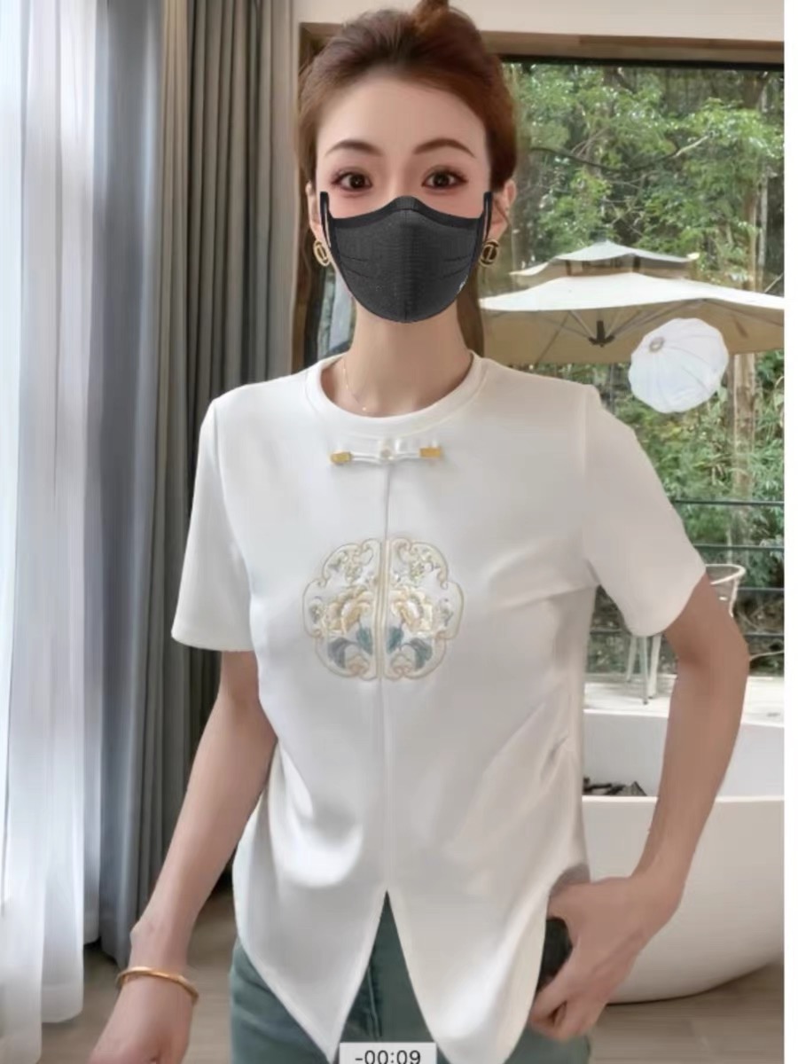 2024夏季新中式國風圓領開叉刺繡短袖盤扣T恤女百搭減齡上衣