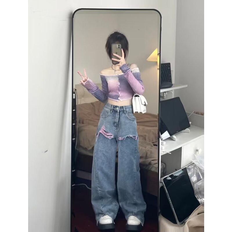美式高街復古微喇牛仔褲女2024新款高腰寬鬆顯瘦垂墜感百搭闊腿褲