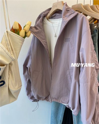 塔司隆竹节韩国紫色显白可立领防晒衣女春季刺绣宽松外套