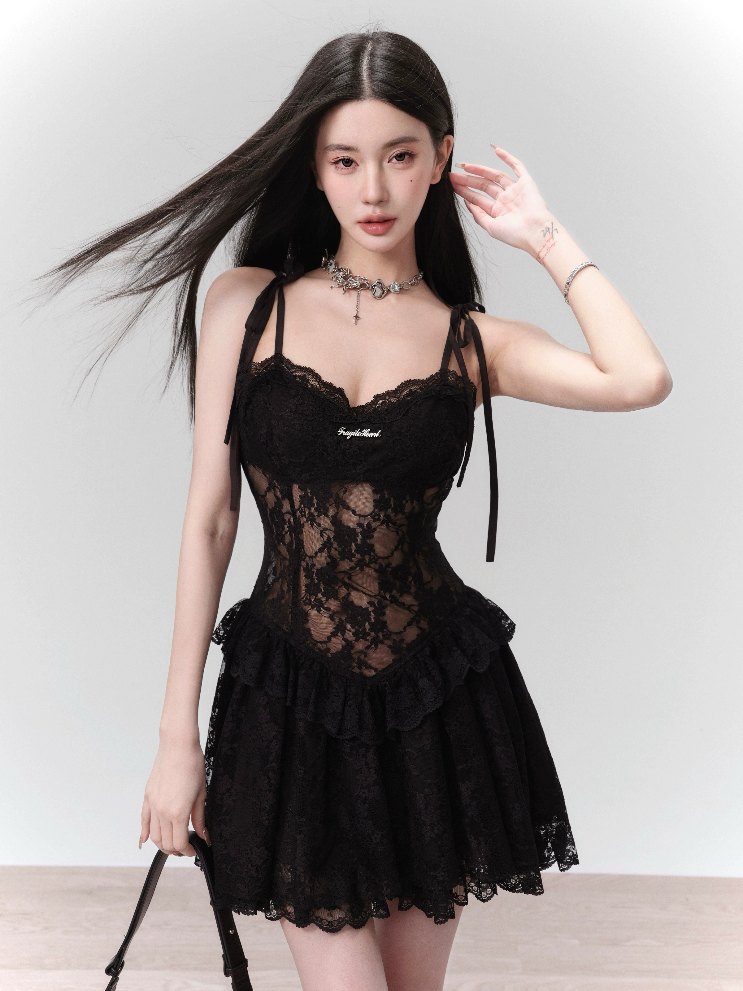 fragileheart易碎商店·禁忌玫瑰原創暗夜蕾絲花邊甜辣性感小黑裙