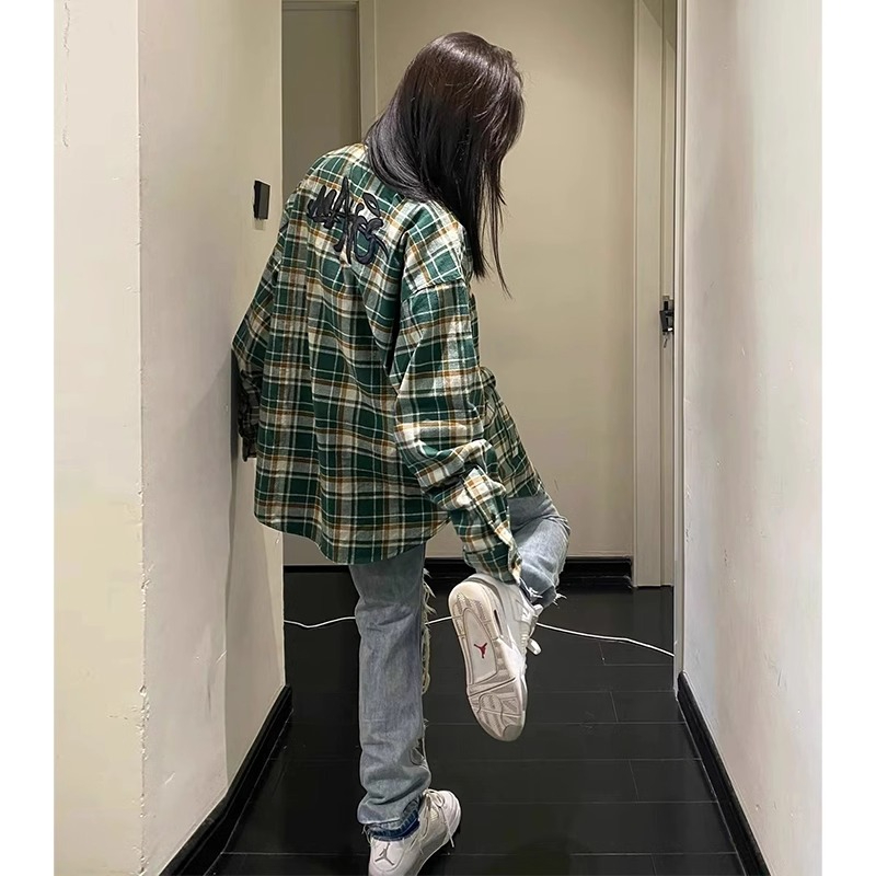 美式高街格子襯衫女秋季刺繡字母長袖襯衣oversize寬鬆情侶外套潮