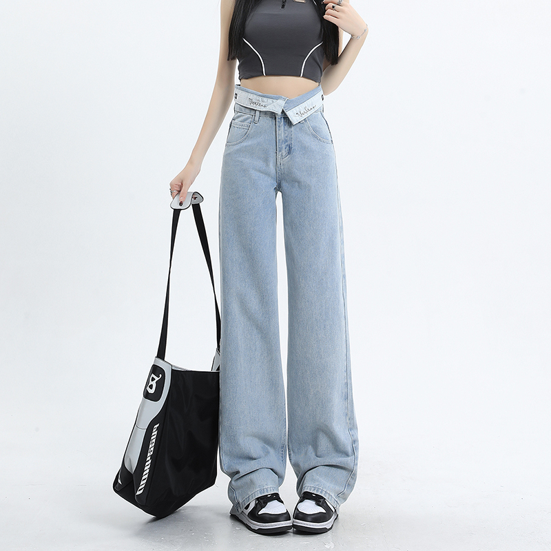 得物高品質設計感淺藍闊腿牛仔褲女2024春季新款小個子直筒褲